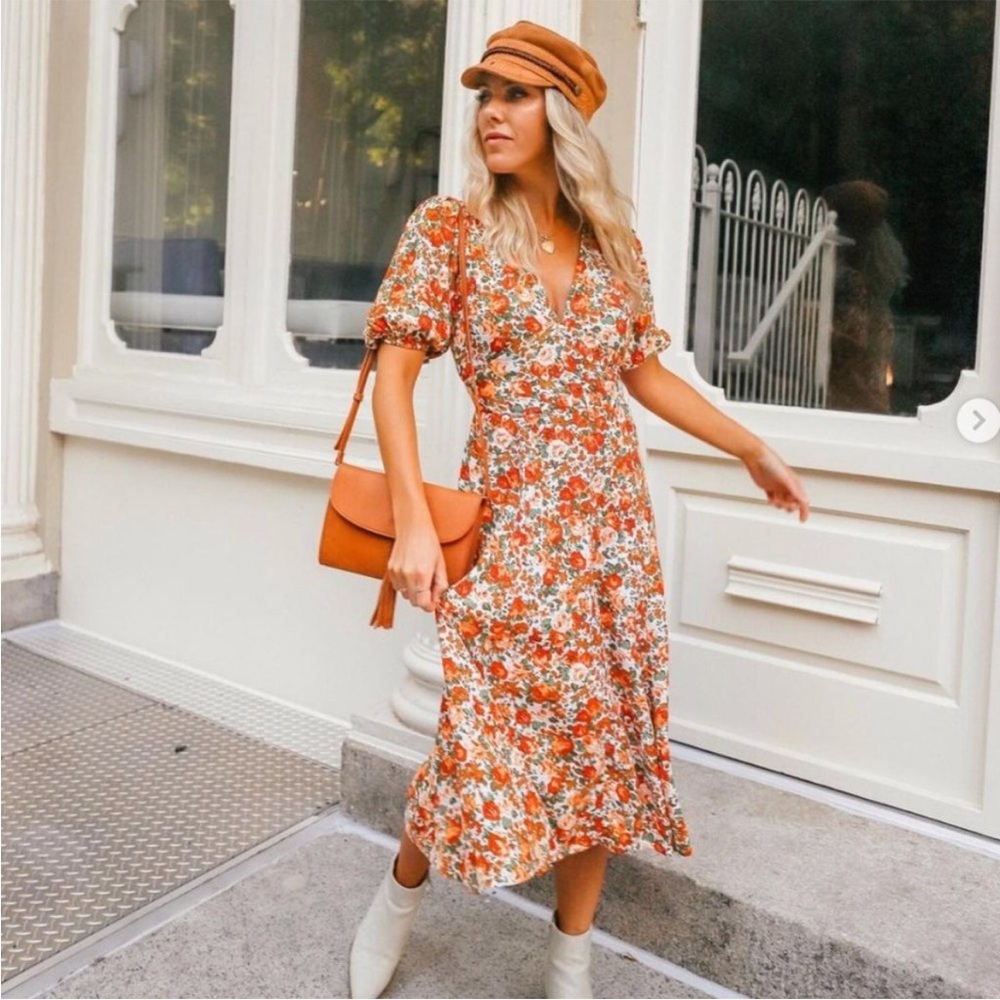 Faithfull the Brand Anthropologie Delia Midi Dress in Floral Le Rose‎ Apricot 6